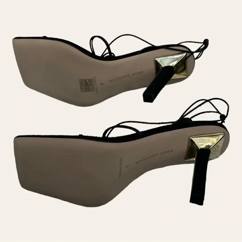 0203. NEW IN BOX GOOD AMERICAN CAGED SLANTED SANDALS BLACK IN COLOR‎ SIZE 9